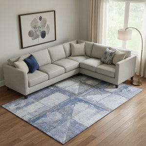 HomeRoots 10' Geometric Denim Blue and Gray Washable Area Rug with UV Protection for Family-Friendly Living Spaces 706505