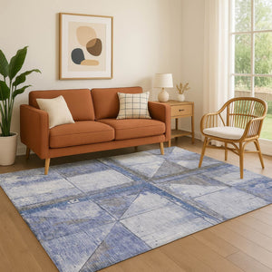 HomeRoots 10' Geometric Denim Blue and Gray Washable Area Rug with UV Protection for Family-Friendly Living Spaces 706505