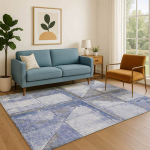 HomeRoots 10' Geometric Denim Blue and Gray Washable Area Rug with UV Protection for Family-Friendly Living Spaces 706505