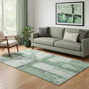 HomeRoots 5' X 8' Green & Gray Geometric Area Rug - Washable, UV-Protected, Non-Slip Backing for Easy Care! 706507