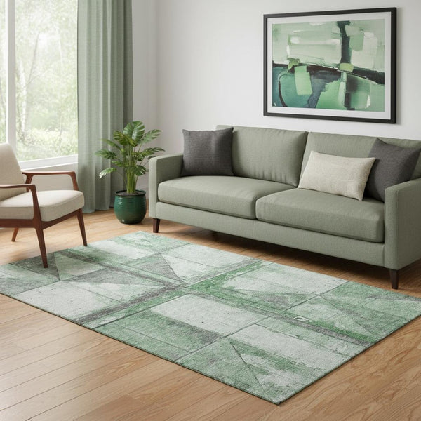 HomeRoots 5' X 8' Green & Gray Geometric Area Rug - Washable, UV-Protected, Non-Slip Backing for Easy Care! 706507