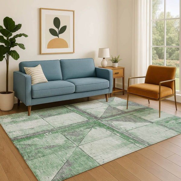HomeRoots 5' X 8' Green & Gray Geometric Area Rug - Washable, UV-Protected, Non-Slip Backing for Easy Care! 706507