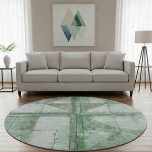 HomeRoots 8' Stylish Green & Gray Geometric Round Rug - Washable, UV Protected, Stain Resistant, Non-Slip! 706508