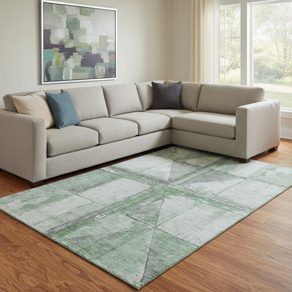 HomeRoots 8' X 10' Stylish Green & Gray Geometric Washable Area Rug with UV Protection for High-Traffic Homes 706509