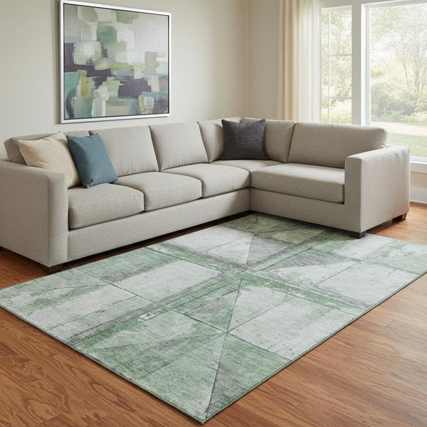 HomeRoots 8' X 10' Stylish Green & Gray Geometric Washable Area Rug with UV Protection for High-Traffic Homes 706509