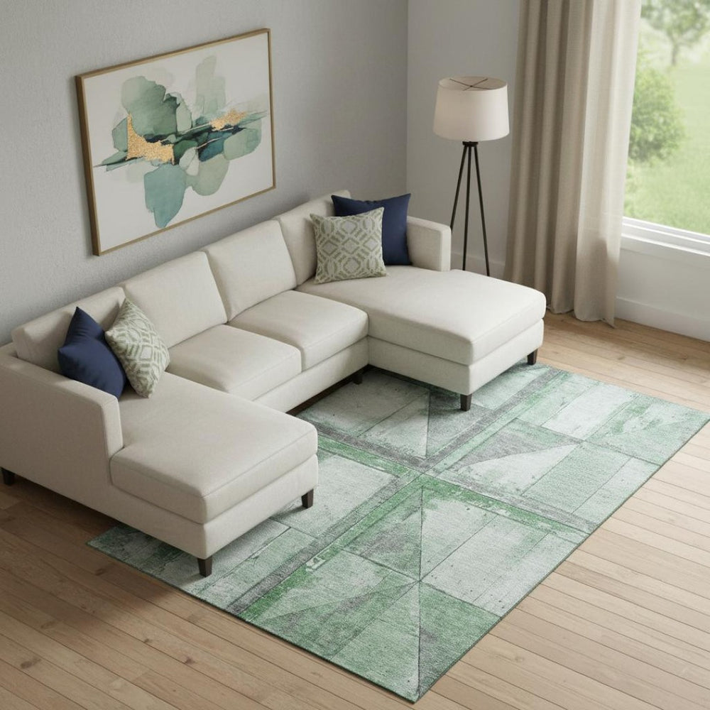 HomeRoots 9' X 12' Washable Green and Gray Geometric Area Rug - UV Protected, Stain-Resistant, Kid-Friendly Design 706510