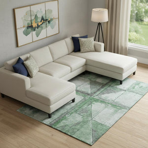 HomeRoots 10' Green and Gray Geometric Washable Area Rug with Non-Slip Backing - UV Protection & Stain Resistant 706511