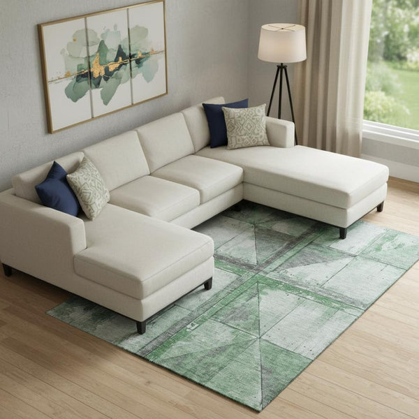 HomeRoots 10' Green and Gray Geometric Washable Area Rug with Non-Slip Backing - UV Protection & Stain Resistant 706511