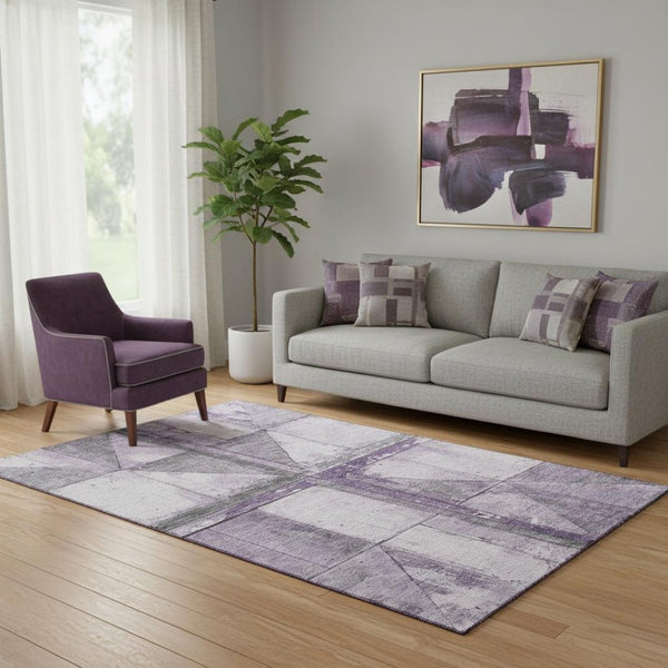 HomeRoots 5' X 8' Modern Purple and Gray Geometric Area Rug – Washable, UV-Protected, Durable Design for Homes 706513