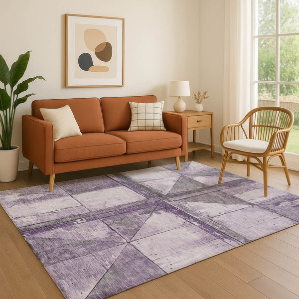 HomeRoots 5' X 8' Modern Purple and Gray Geometric Area Rug – Washable, UV-Protected, Durable Design for Homes 706513
