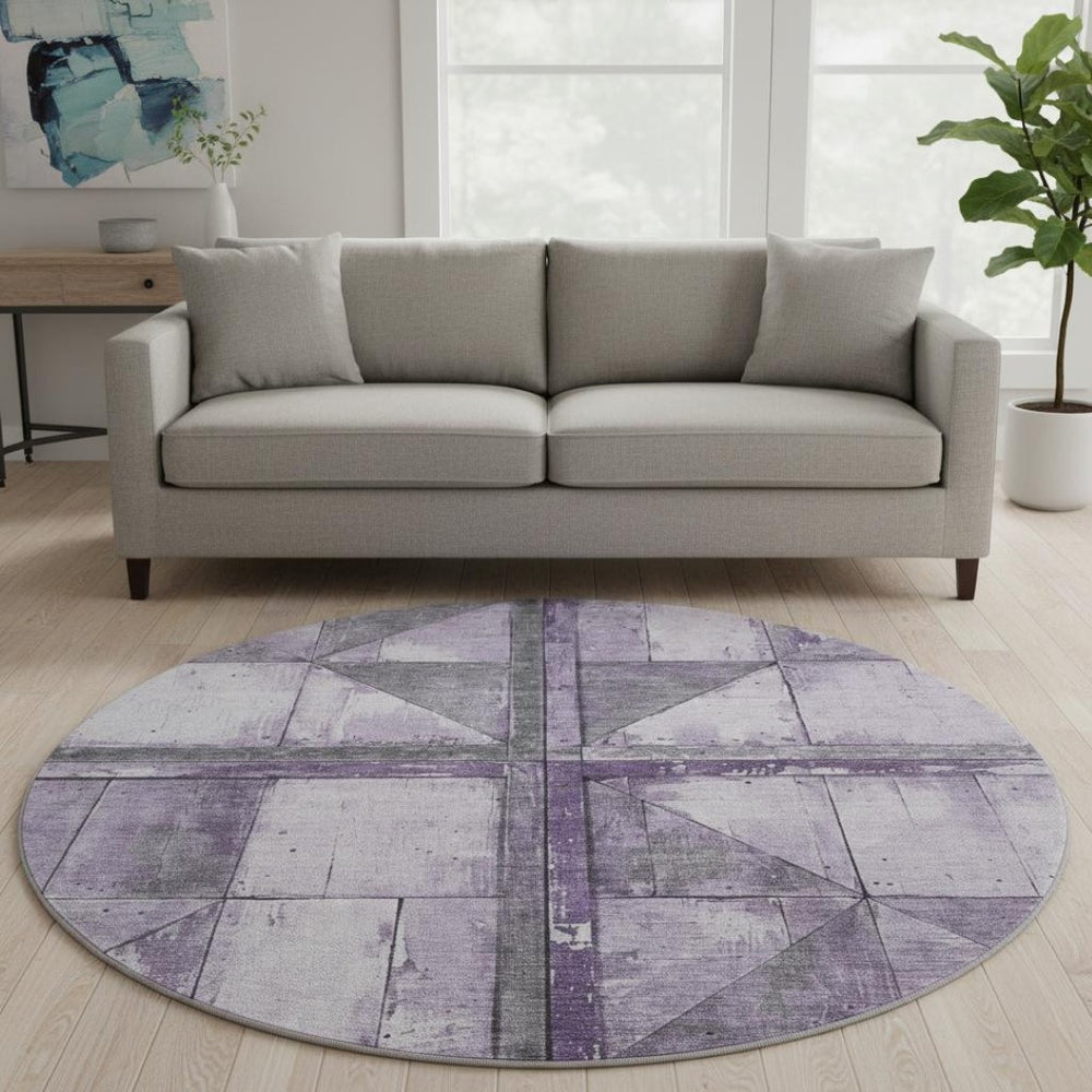 HomeRoots 8' Stylish Purple and Gray Geometric Round Rug - Washable, UV Protected, Ideal for High-Traffic Areas 706514