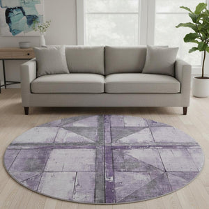 HomeRoots 8' Stylish Purple and Gray Geometric Round Rug - Washable, UV Protected, Ideal for High-Traffic Areas 706514