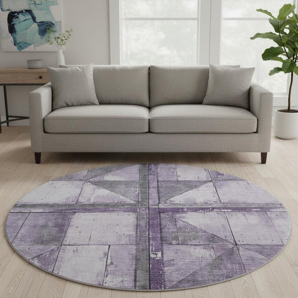 HomeRoots 8' Stylish Purple and Gray Geometric Round Rug - Washable, UV Protected, Ideal for High-Traffic Areas 706514