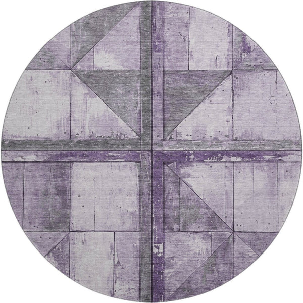 HomeRoots 8' Stylish Purple and Gray Geometric Round Rug - Washable, UV Protected, Ideal for High-Traffic Areas 706514
