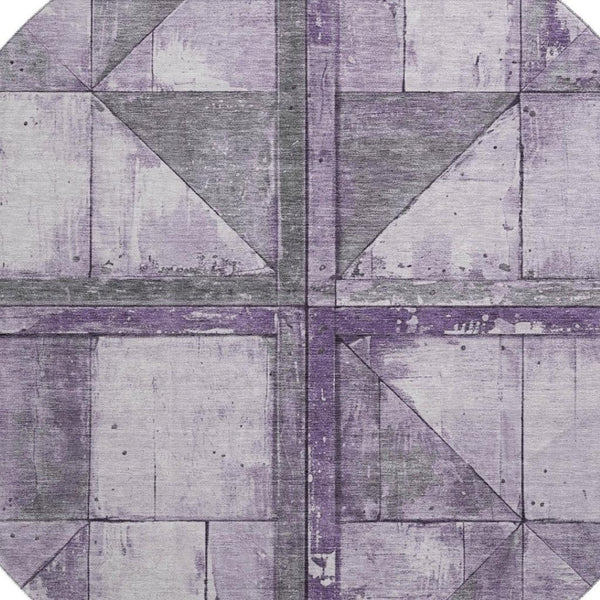 HomeRoots 8' Stylish Purple and Gray Geometric Round Rug - Washable, UV Protected, Ideal for High-Traffic Areas 706514