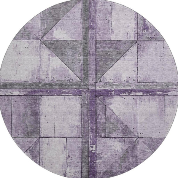 HomeRoots 8' Stylish Purple and Gray Geometric Round Rug - Washable, UV Protected, Ideal for High-Traffic Areas 706514