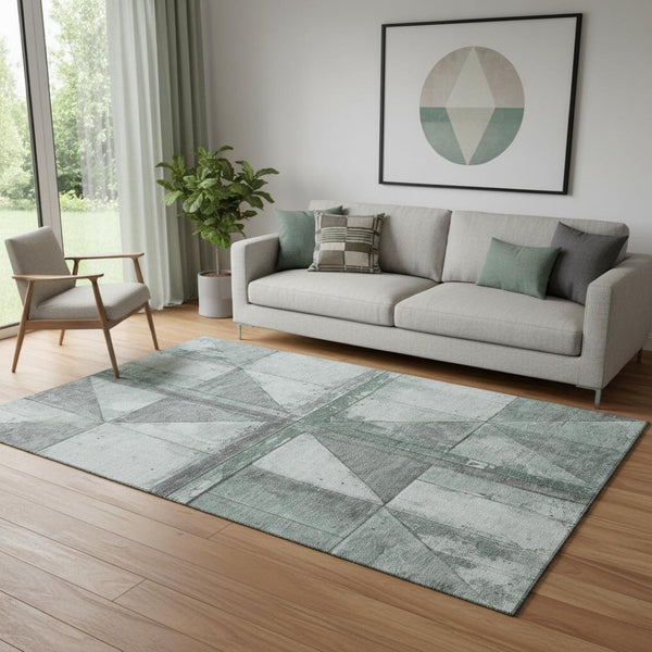 HomeRoots 5' X 8' Sage and Gray Geometric Area Rug – Durable, Washable, UV-Resistant for Stylish Living Spaces 706519
