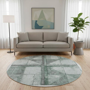 HomeRoots 8' Sage and Gray Geometric Round Rug - Washable, UV Protected, Perfect for High-Traffic Areas! 706520