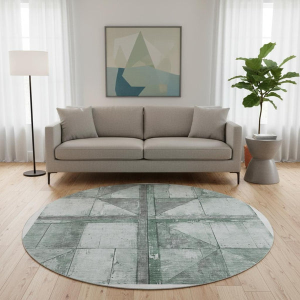 HomeRoots 8' Sage and Gray Geometric Round Rug - Washable, UV Protected, Perfect for High-Traffic Areas! 706520