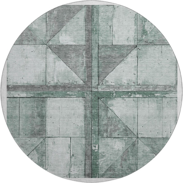 HomeRoots 8' Sage and Gray Geometric Round Rug - Washable, UV Protected, Perfect for High-Traffic Areas! 706520
