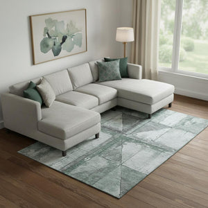 HomeRoots 9' X 12' Sage & Gray Geometric Area Rug - Washable, UV-Protected, Stain Resistant, Non-Slip Backing 706522