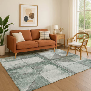 HomeRoots 9' X 12' Sage & Gray Geometric Area Rug - Washable, UV-Protected, Stain Resistant, Non-Slip Backing 706522