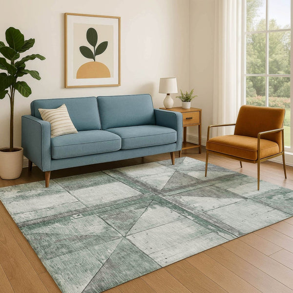 HomeRoots 9' X 12' Sage & Gray Geometric Area Rug - Washable, UV-Protected, Stain Resistant, Non-Slip Backing 706522