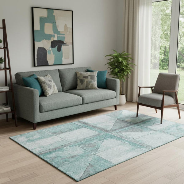 HomeRoots 5' X 8' Teal and Gray Geometric Area Rug - Durable, Washable, UV-Protected & Perfect for Families! 706525