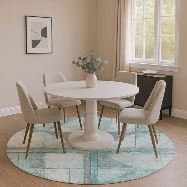 HomeRoots 8' Teal and Gray Geometric Round Rug - Washable, UV-Protected, Stain-Resistant for Busy Homes 706526