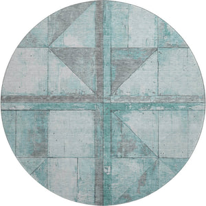 HomeRoots 8' Teal and Gray Geometric Round Rug - Washable, UV-Protected, Stain-Resistant for Busy Homes 706526