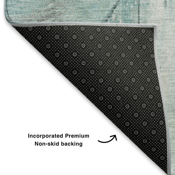 HomeRoots 8' Teal and Gray Geometric Round Rug - Washable, UV-Protected, Stain-Resistant for Busy Homes 706526