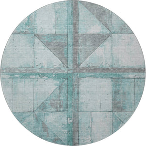 HomeRoots 8' Teal and Gray Geometric Round Rug - Washable, UV-Protected, Stain-Resistant for Busy Homes 706526