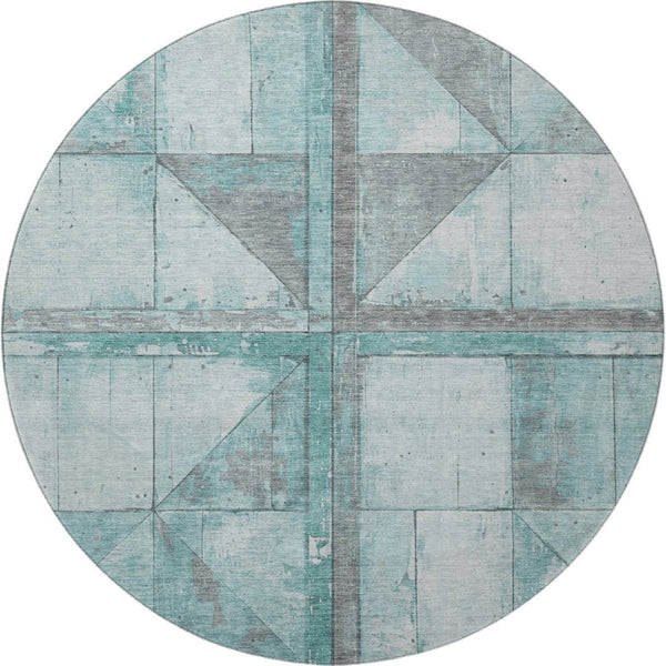 HomeRoots 8' Teal and Gray Geometric Round Rug - Washable, UV-Protected, Stain-Resistant for Busy Homes 706526