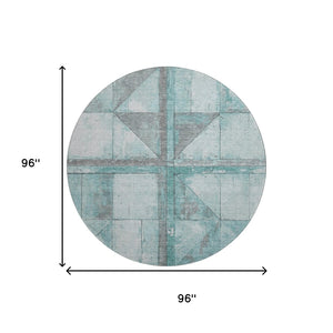 HomeRoots 8' Teal and Gray Geometric Round Rug - Washable, UV-Protected, Stain-Resistant for Busy Homes 706526