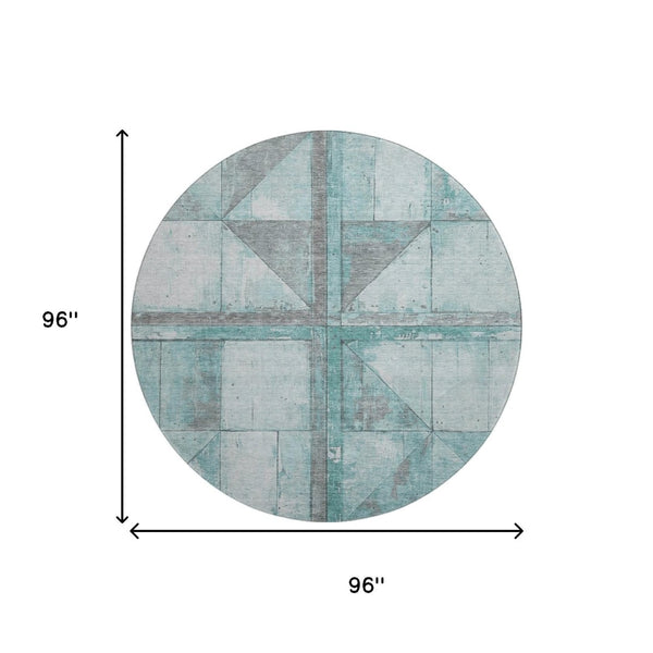 HomeRoots 8' Teal and Gray Geometric Round Rug - Washable, UV-Protected, Stain-Resistant for Busy Homes 706526