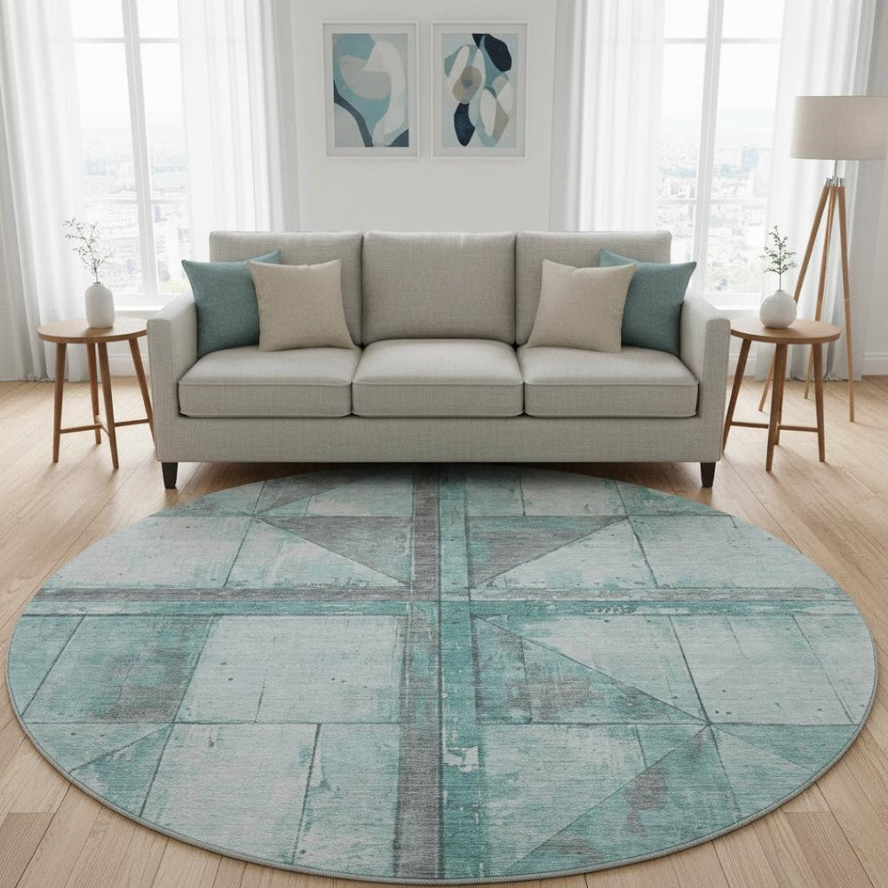 HomeRoots 8' Teal and Gray Geometric Round Rug - Washable, UV-Protected, Stain-Resistant for Busy Homes 706526
