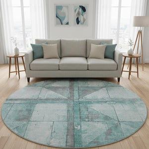 HomeRoots 8' Teal and Gray Geometric Round Rug - Washable, UV-Protected, Stain-Resistant for Busy Homes 706526
