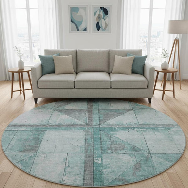 HomeRoots 8' Teal and Gray Geometric Round Rug - Washable, UV-Protected, Stain-Resistant for Busy Homes 706526