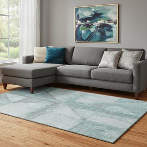 HomeRoots 8' X 10' Teal & Gray Geometric Area Rug - Washable, UV Protected, Modern Design for Home Decor 706527