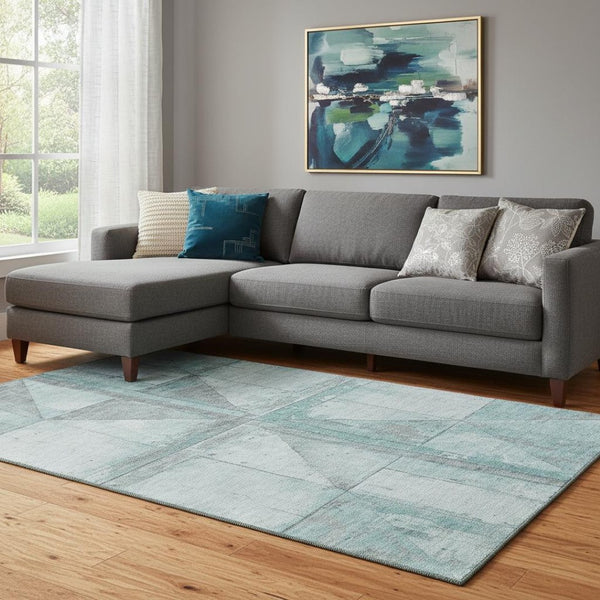 HomeRoots 8' X 10' Teal & Gray Geometric Area Rug - Washable, UV Protected, Modern Design for Home Decor 706527