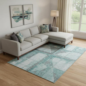 HomeRoots 9' X 12' Teal and Gray Geometric Area Rug - Stylish, Washable, UV-Protected for Family Homes & Pets 706528