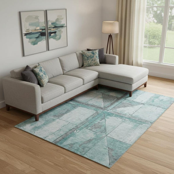 HomeRoots 9' X 12' Teal and Gray Geometric Area Rug - Stylish, Washable, UV-Protected for Family Homes & Pets 706528