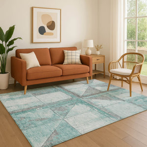 HomeRoots 9' X 12' Teal and Gray Geometric Area Rug - Stylish, Washable, UV-Protected for Family Homes & Pets 706528