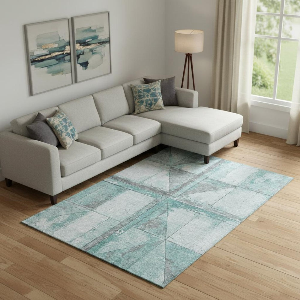 HomeRoots 10' X 14' Teal and Gray Geometric Area Rug – Washable, UV Protected, Perfect for Active Homes! 706529