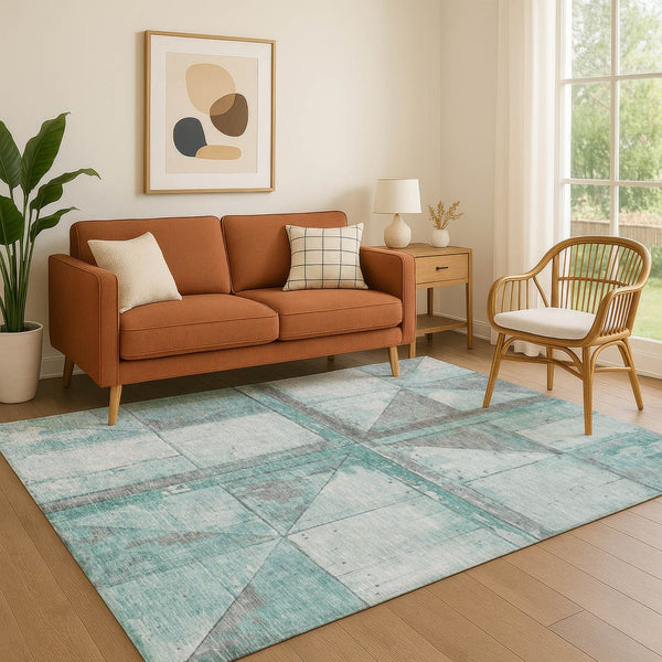 HomeRoots 10' X 14' Teal and Gray Geometric Area Rug – Washable, UV Protected, Perfect for Active Homes! 706529