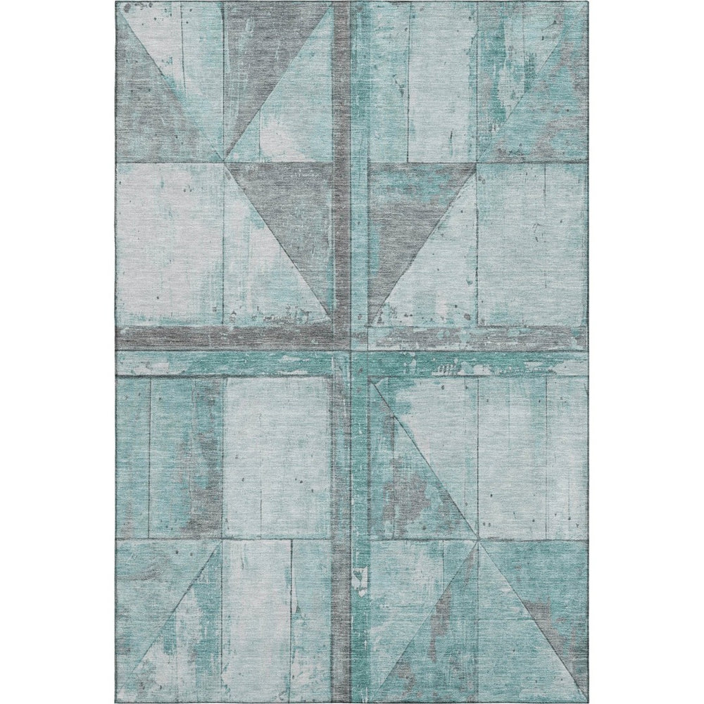 HomeRoots 10' X 14' Teal and Gray Geometric Area Rug – Washable, UV Protected, Perfect for Active Homes! 706529