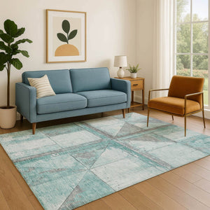 HomeRoots 10' X 14' Teal and Gray Geometric Area Rug – Washable, UV Protected, Perfect for Active Homes! 706529