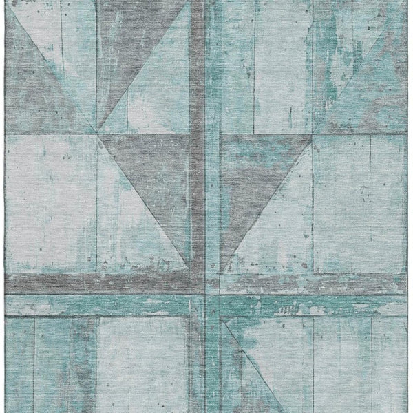 HomeRoots 10' X 14' Teal and Gray Geometric Area Rug – Washable, UV Protected, Perfect for Active Homes! 706529