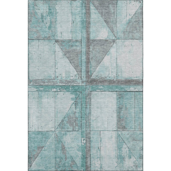 HomeRoots 10' X 14' Teal and Gray Geometric Area Rug – Washable, UV Protected, Perfect for Active Homes! 706529