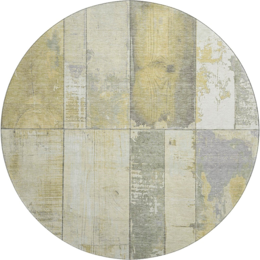 HomeRoots 8' Gold and Gray Geometric Round Rug - Washable, UV Protected, Durable Design for High Traffic Areas 706538